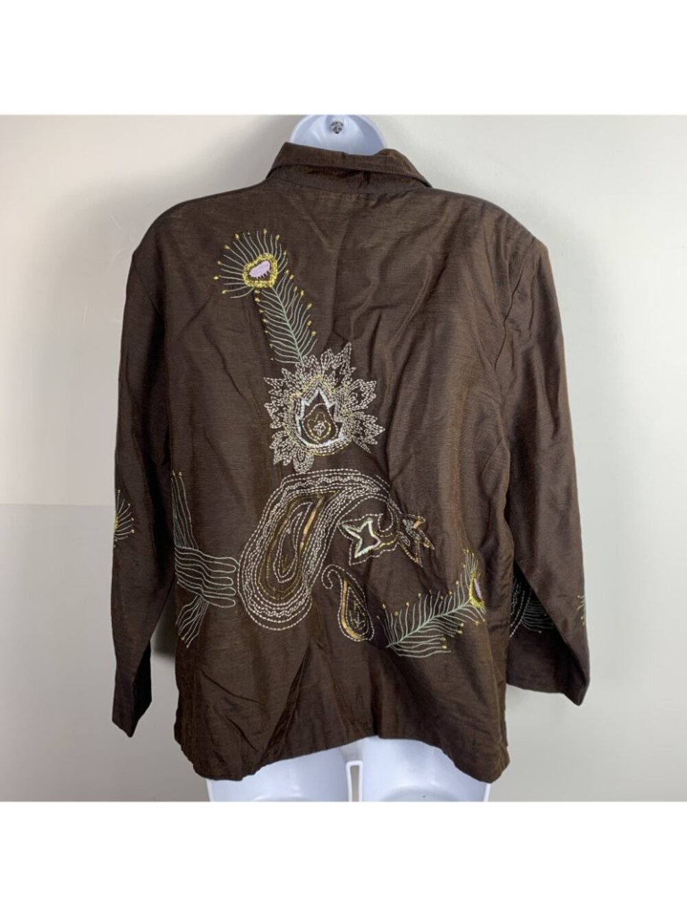 VINTAGE Indigo Moon Womens Blazer Sz L Brown Button Front Feather Embroidery NEW - Picture 2 of 12